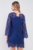 Royal Blue Crochet Lace Round Neck Long Bell Sleeve Zigzag Hem Loose Fit Mini Dress