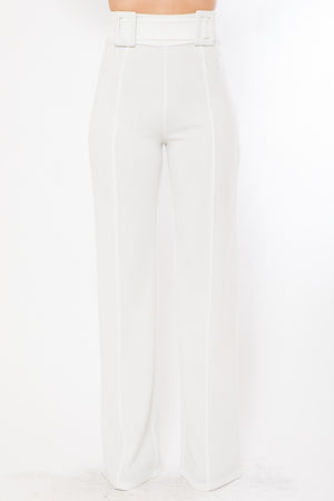 High Waist Pants With Self Fabric Buckle Detail On The Waist