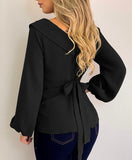 Plain Lantern Sleeve Tie Detail Top