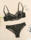 Solid Lace Mesh Patchwork Bra With Panties