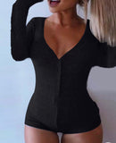 Plain Long Sleeve Button Design Romper Bodysuit